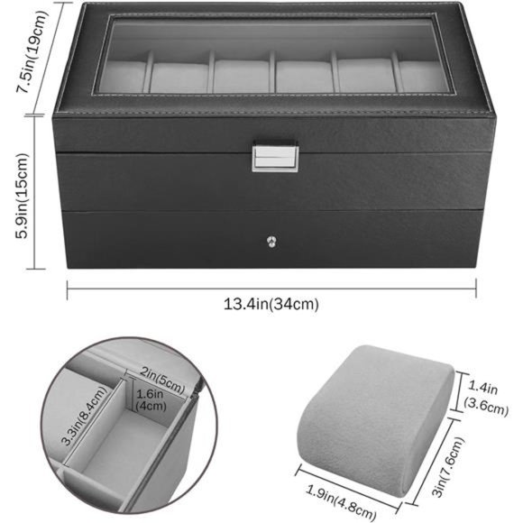12 Slots Watch Box with Drawer, PU Leather Boxes w/ Glass Lid & Pillow - Black - Picture 6 of 6
